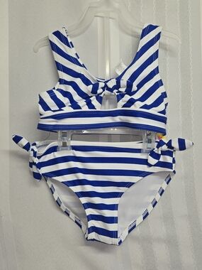 PLACE Girls' Blue and White Striped Two-Piece Swim Set MEDUIM 7/8